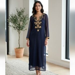 Women's Navy & Gold Sheer Kurta Tunic With Gold Embellishments - size XS New